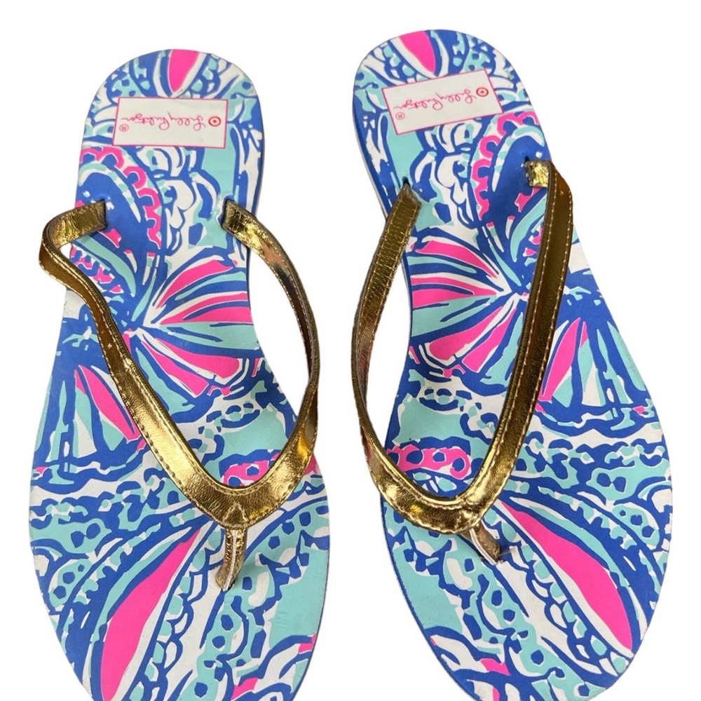 New Lilly Pulitzer Gold Strap Flip Flops with Pink and Blue Pattern Size 7